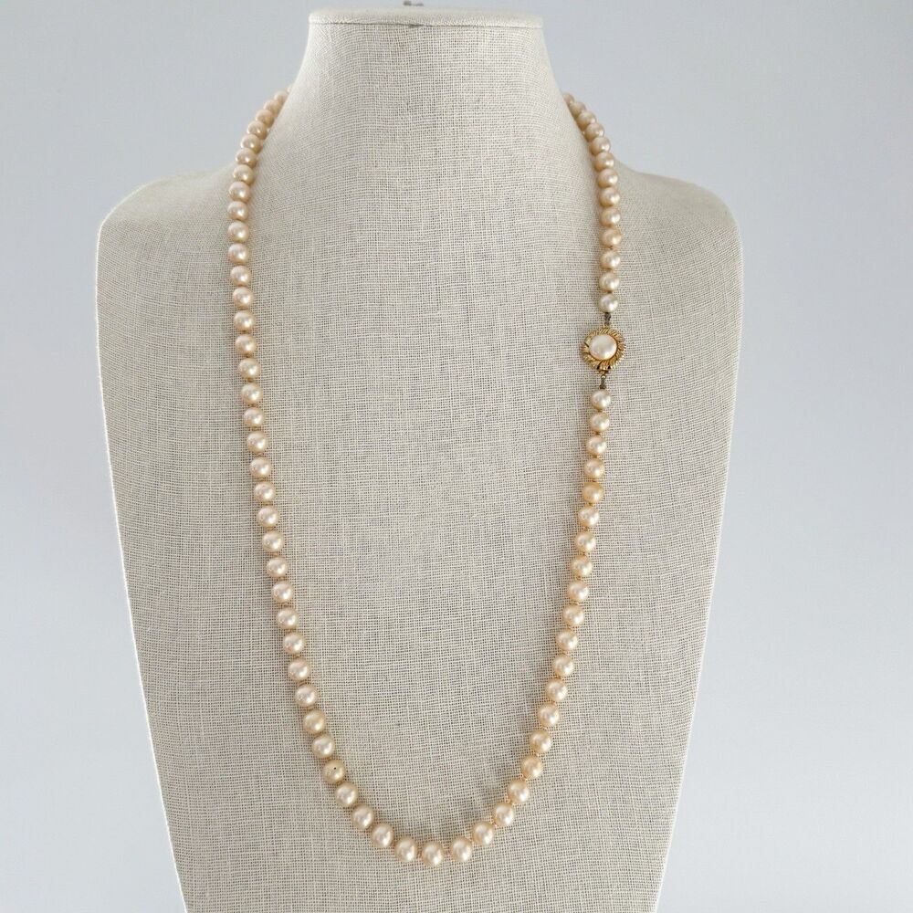 Vintage 30” Faux Pearl Necklace With Decorative Box Clasp Mid Century Jewelry